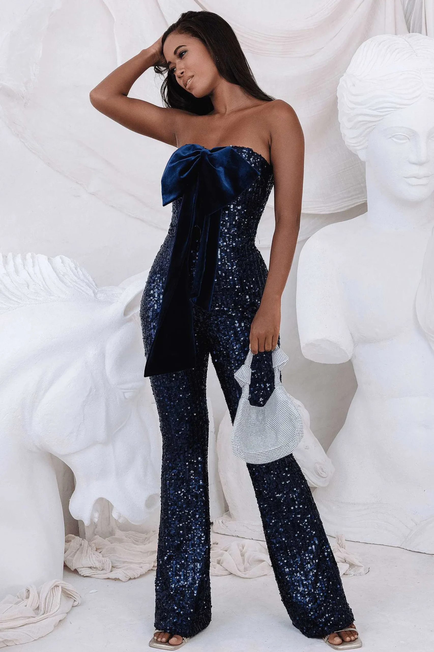 Adira Bandeau Bow Sequin & Velvet Jumpsuit In Navy<Lavish Alice Store