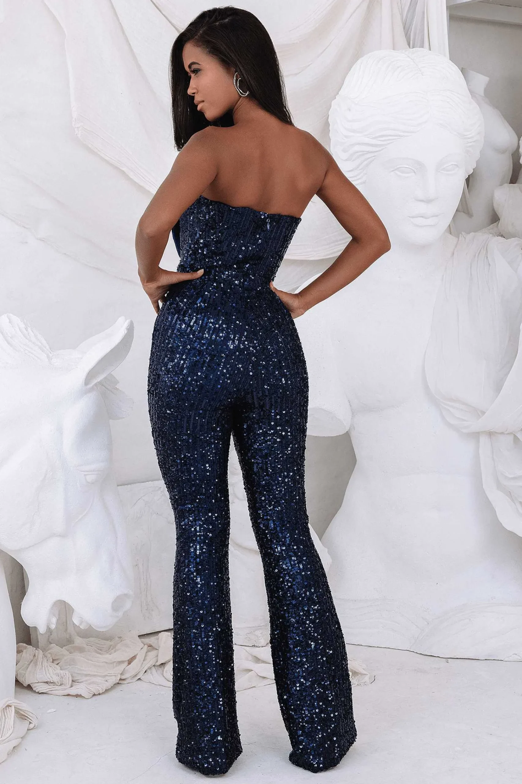 Adira Bandeau Bow Sequin & Velvet Jumpsuit In Navy<Lavish Alice Store