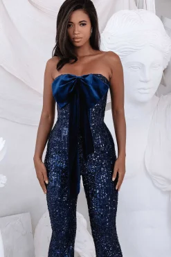 Adira Bandeau Bow Sequin & Velvet Jumpsuit In Navy<Lavish Alice Store