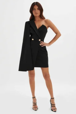 Aire Boned One Shoulder Cape Blazer Dress In Black<Lavish Alice Fashion