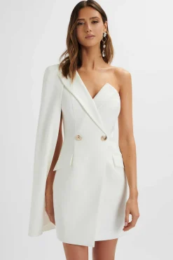 Aire One Shoulder Cape Blazer Dress In White<Lavish Alice Store