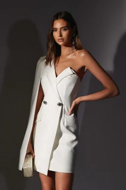 Aire One Shoulder Cape Blazer Dress In White<Lavish Alice Store