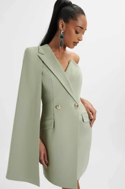 Aire One Shoulder Cape Blazer Dress In Sage Green<Lavish Alice Outlet