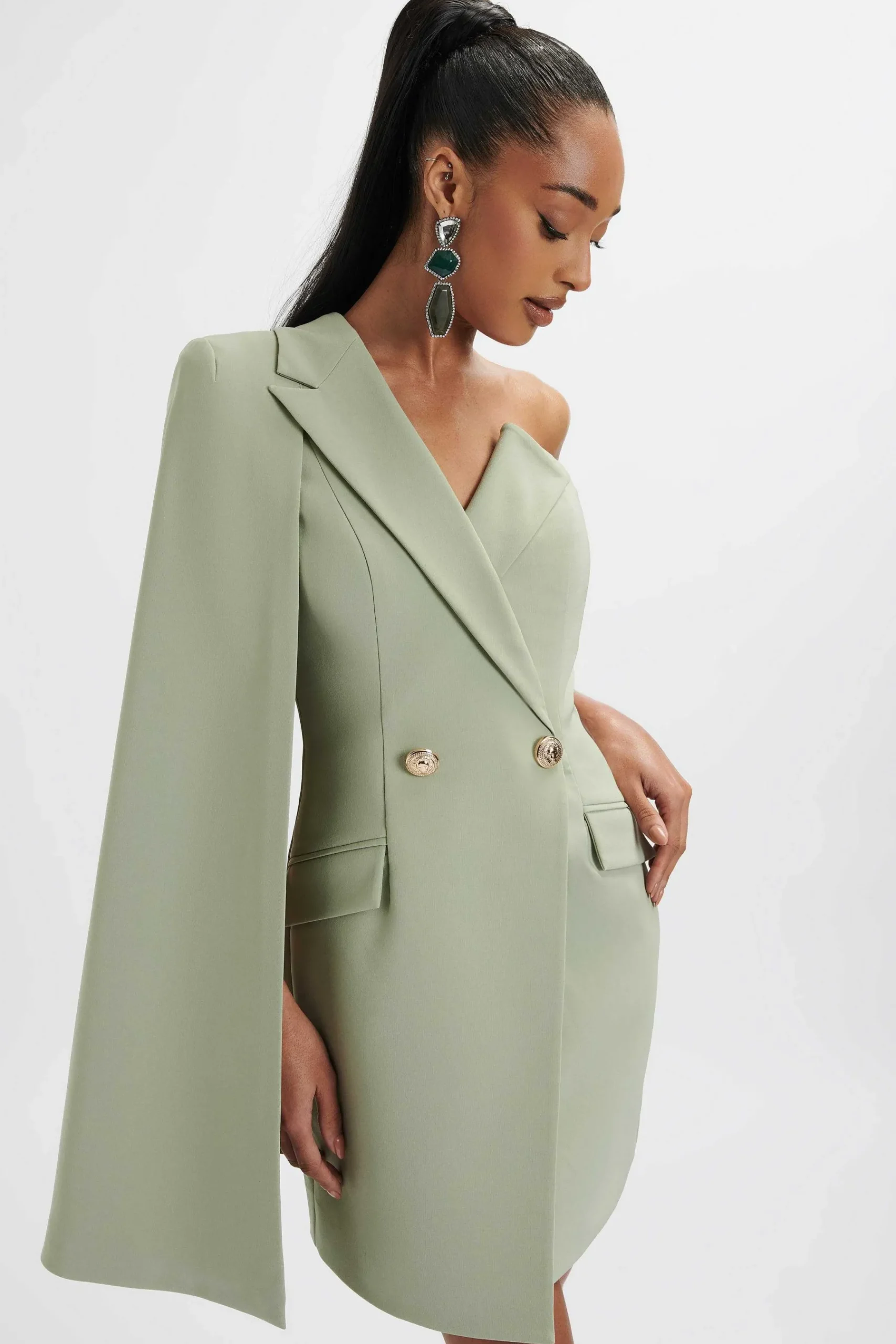 Aire One Shoulder Cape Blazer Dress In Sage Green<Lavish Alice Outlet
