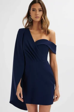 Aiza Asymmetric Cape Mini Dress In Navy<Lavish Alice Cheap
