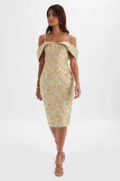Amia Bardot Sleeve Midi Dress In Floral Jacquard<Lavish Alice Discount