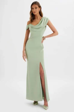 Annabella Satin Asymmetric Drape Maxi Dress In Sage Green<Lavish Alice Fashion