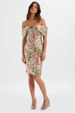 Annalise Bardot Sleeve Corset Midi Dress In Jacquard<Lavish Alice Cheap