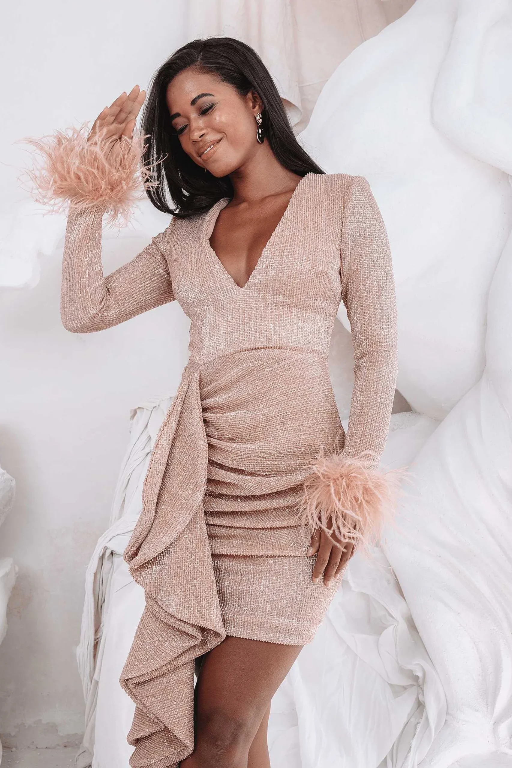 Aphrodite Draped Skirt Pleated Sequin Mini Dress In Rose Gold<Lavish Alice Best Sale