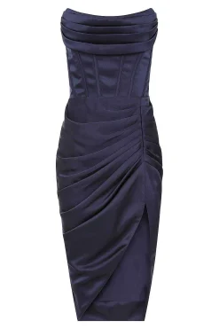 Ariel Strapless Corset Draped Midi Dress In Navy<Lavish Alice Discount