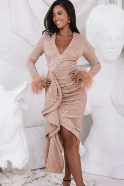 Athena Draped Skirt Pleated Sequin Midi Dress In Gold<Lavish Alice Sale