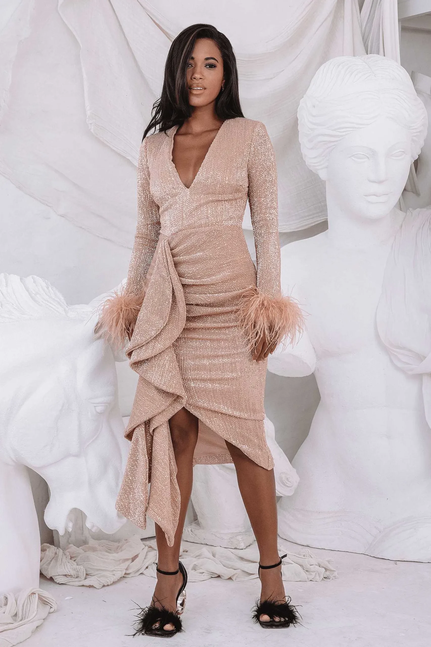 Athena Draped Skirt Pleated Sequin Midi Dress In Gold<Lavish Alice Sale