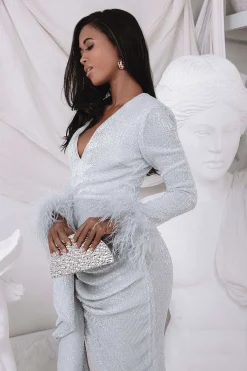 Athena Draped Skirt Pleated Sequin Midi Dress In Silver<Lavish Alice Cheap