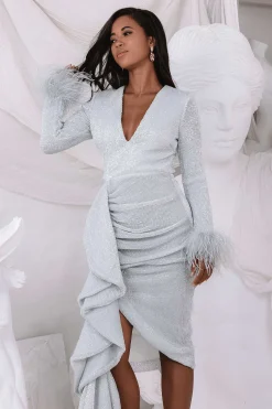 Athena Draped Skirt Pleated Sequin Midi Dress In Silver<Lavish Alice Cheap