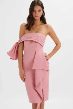 Athena Off Shoulder Bow Detail Midi Dress In Powder Pink<Lavish Alice Cheap