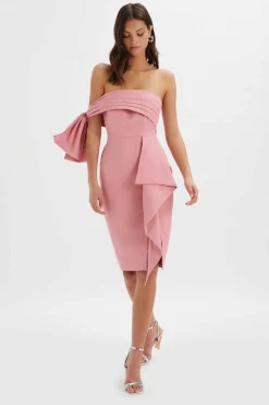 Athena Off Shoulder Bow Detail Midi Dress In Powder Pink<Lavish Alice Cheap