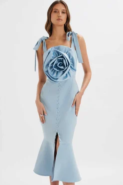 August Flower Detail Tie Strap Micro Button Midi Dress In Cornflower Blue<Lavish Alice Online