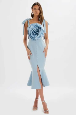 August Flower Detail Tie Strap Micro Button Midi Dress In Cornflower Blue<Lavish Alice Online