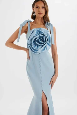 August Flower Detail Tie Strap Micro Button Midi Dress In Cornflower Blue<Lavish Alice Online