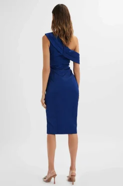 Autumn Pleated Asymmetric Structured Satin Midi Dress In Navy<Lavish Alice Store