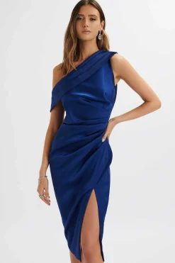 Autumn Pleated Asymmetric Structured Satin Midi Dress In Navy<Lavish Alice Store