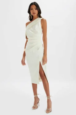 Autumn Pleated One Shoulder Bonded Satin Midi Dress In Ivory<Lavish Alice Fashion