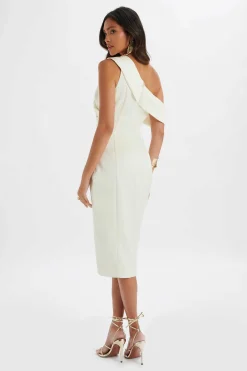 Autumn Pleated One Shoulder Bonded Satin Midi Dress In Ivory<Lavish Alice Fashion