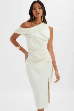 Autumn Pleated One Shoulder Bonded Satin Midi Dress In Ivory<Lavish Alice Fashion