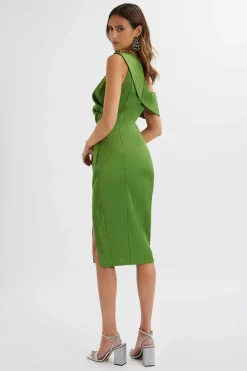 Autumn Pleated One Shoulder Bonded Satin Midi Dress In Green<Lavish Alice Online