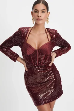 Ava Velvet Sequin And Satin Mix Mini Dress In Burgundy<Lavish Alice Best