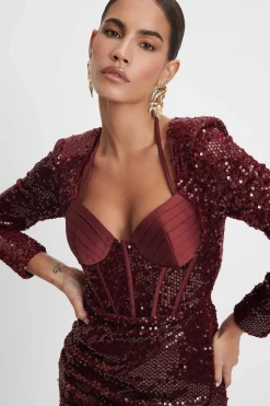 Ava Velvet Sequin And Satin Mix Mini Dress In Burgundy<Lavish Alice Best