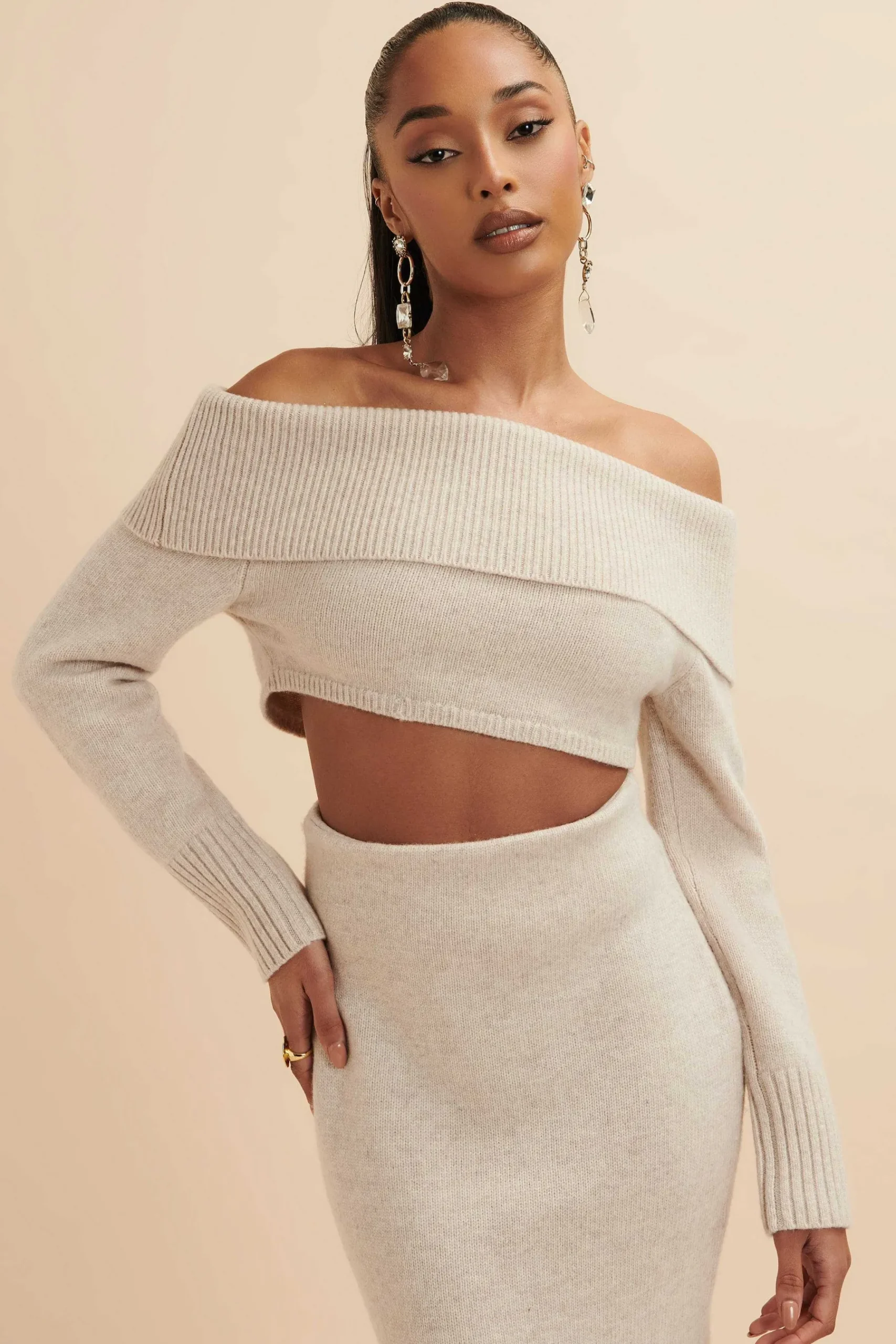 Avani Knitted Wool Bardot Cropped Top In Stone<Lavish Alice Outlet