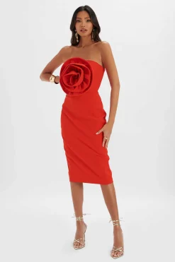 Belle 3D Flower Bandeau Midi Dress In Red<Lavish Alice Outlet
