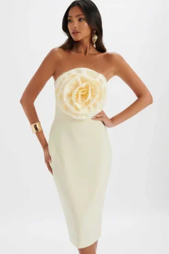 Belle 3D Flower Bandeau Midi Dress In Champagne<Lavish Alice Fashion