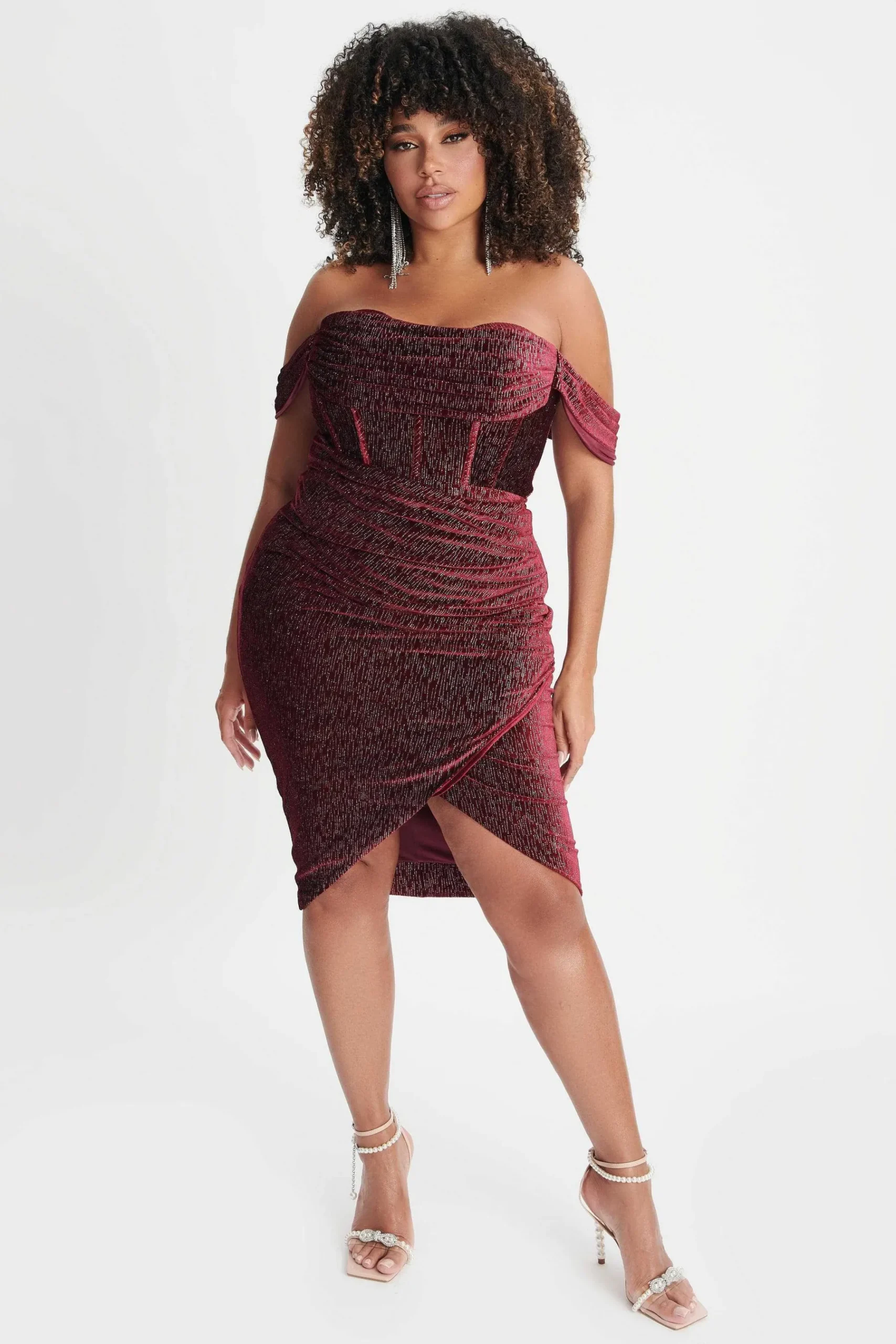 Blake Curve Diamante Velvet Pleated Off Shoulder Midi Dress In Burgundy<Lavish Alice Best