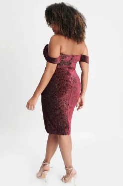 Blake Curve Diamante Velvet Pleated Off Shoulder Midi Dress In Burgundy<Lavish Alice Best