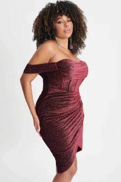 Blake Curve Diamante Velvet Pleated Off Shoulder Midi Dress In Burgundy<Lavish Alice Best