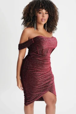 Blake Curve Diamante Velvet Pleated Off Shoulder Midi Dress In Burgundy<Lavish Alice Best