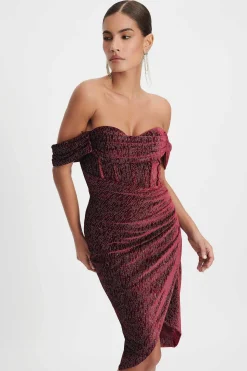 Blake Diamante Velvet Pleated Off Shoulder Midi Dress In Burgundy<Lavish Alice Best Sale