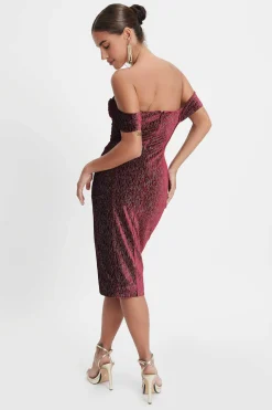 Blake Diamante Velvet Pleated Off Shoulder Midi Dress In Burgundy<Lavish Alice Best Sale