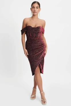 Blake Diamante Velvet Pleated Off Shoulder Midi Dress In Burgundy<Lavish Alice Best Sale