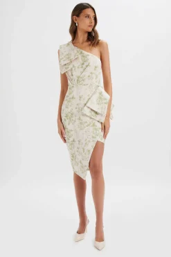 Bloom One Shoulder Bow Detail Satin Midi Dress In Green Porcelain Print<Lavish Alice Store