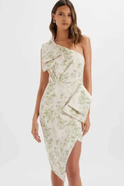 Bloom One Shoulder Bow Detail Satin Midi Dress In Green Porcelain Print<Lavish Alice Store
