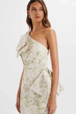 Bloom One Shoulder Bow Detail Satin Midi Dress In Green Porcelain Print<Lavish Alice Store