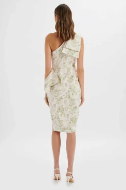 Bloom One Shoulder Bow Detail Satin Midi Dress In Green Porcelain Print<Lavish Alice Store