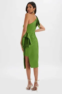 Bloom One Shoulder Bow Detail Satin Midi Dress In Green<Lavish Alice New