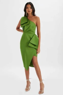 Bloom One Shoulder Bow Detail Satin Midi Dress In Green<Lavish Alice New