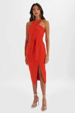 Brielle Obi Belted Halterneck Midi Dress In Red<Lavish Alice Best Sale
