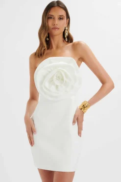 Bryanna 3D Flower Bandeau Satin Mini Dress In White<Lavish Alice Hot