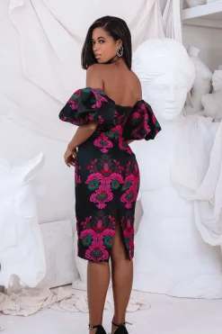 Capri Jacquard Volume Sleeve Bardot Midi Dress In Black<Lavish Alice Discount